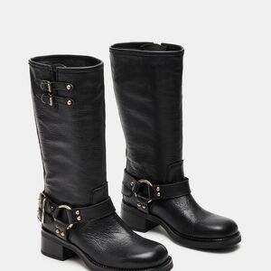 Black Leather Mid-Calf Buckle Boots - Women